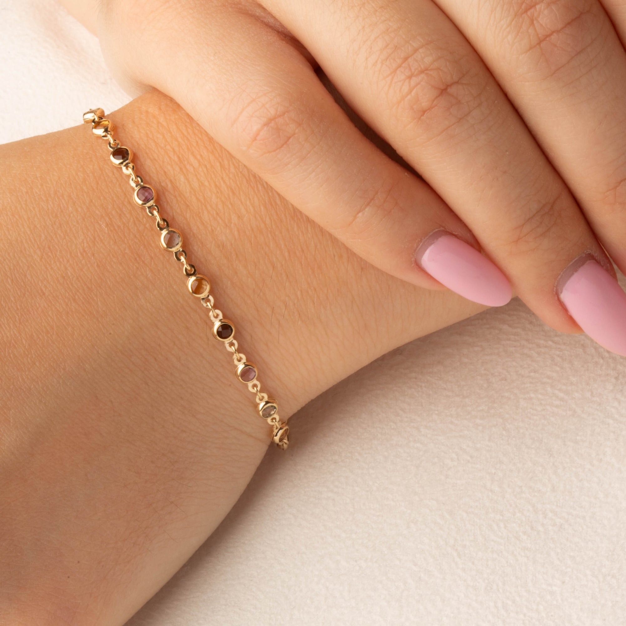 14K Yellow Gold Genuine Round Gemstone Chain Link Bracelet, view 2