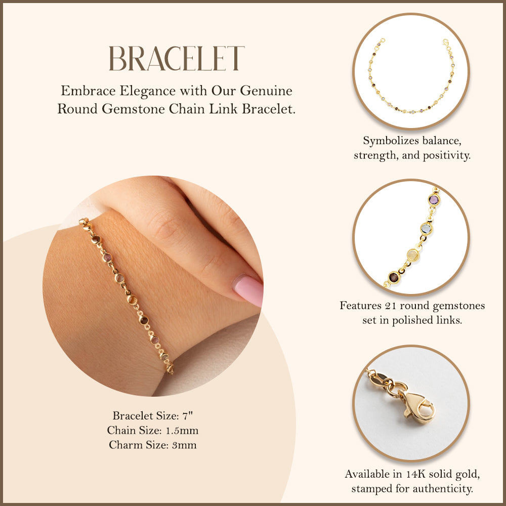 14K Yellow Gold Genuine Round Gemstone Chain Link Bracelet, view 3