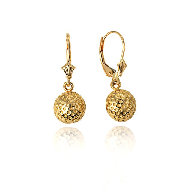 14K Yellow Gold Golf Ball Sports Leverback Earrings