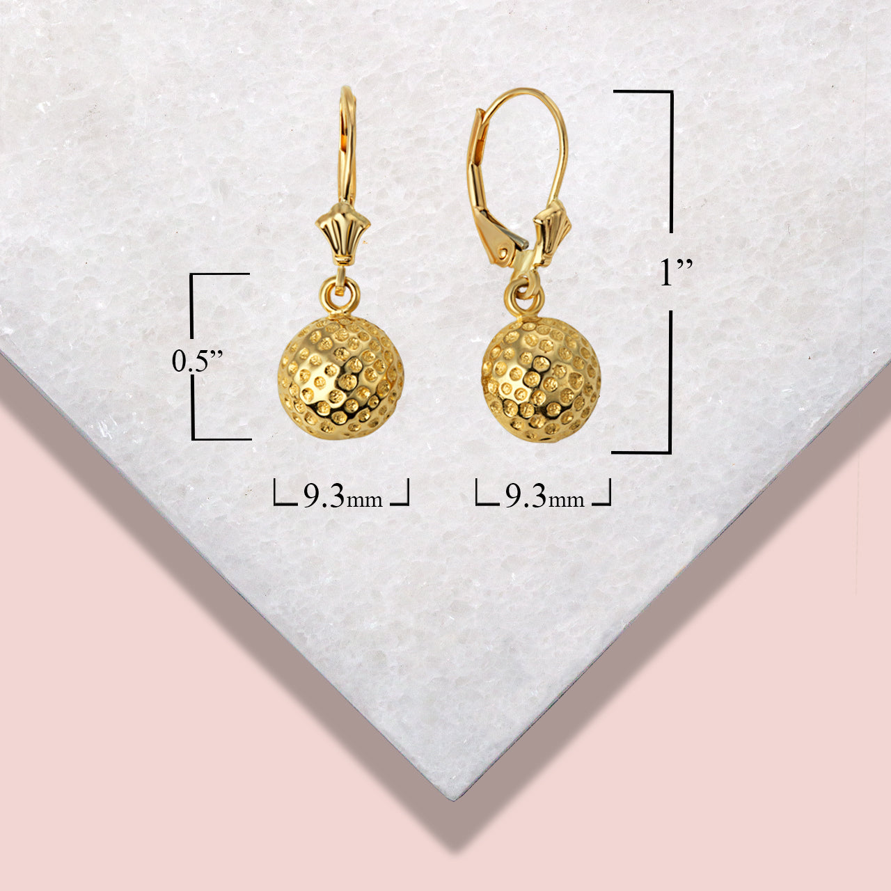 14K Yellow Gold Golf Ball Sports Leverback Earrings, view 3