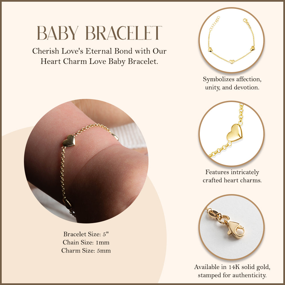 14K Yellow Gold Heart Charm Love Baby Bracelet, view 3