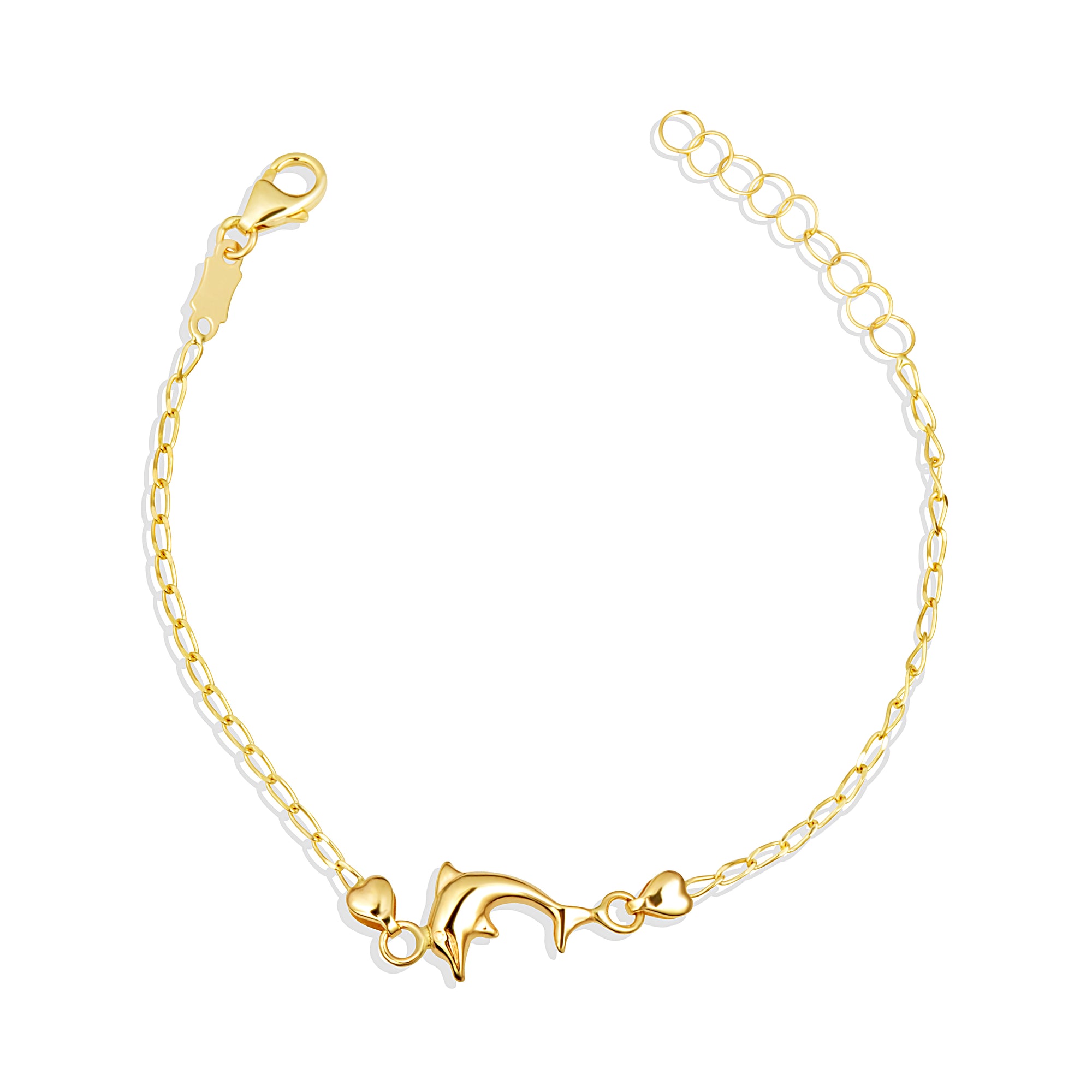 14K Yellow Gold Heart Dolphin Marine Charm Baby Bracelet