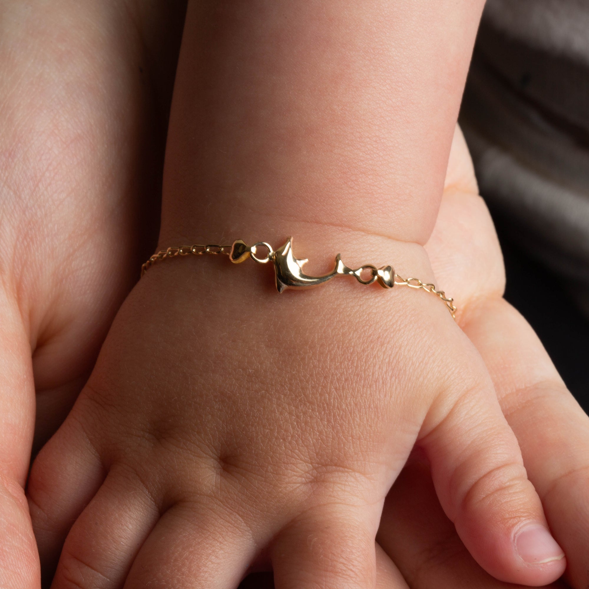 14K Yellow Gold Heart Dolphin Marine Charm Baby Bracelet, view 2