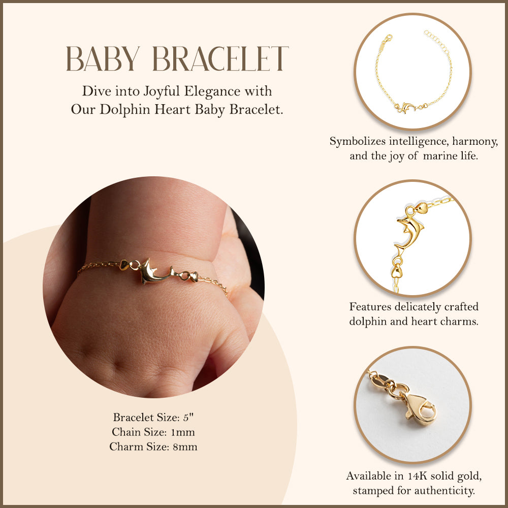 14K Yellow Gold Heart Dolphin Marine Charm Baby Bracelet, view 3
