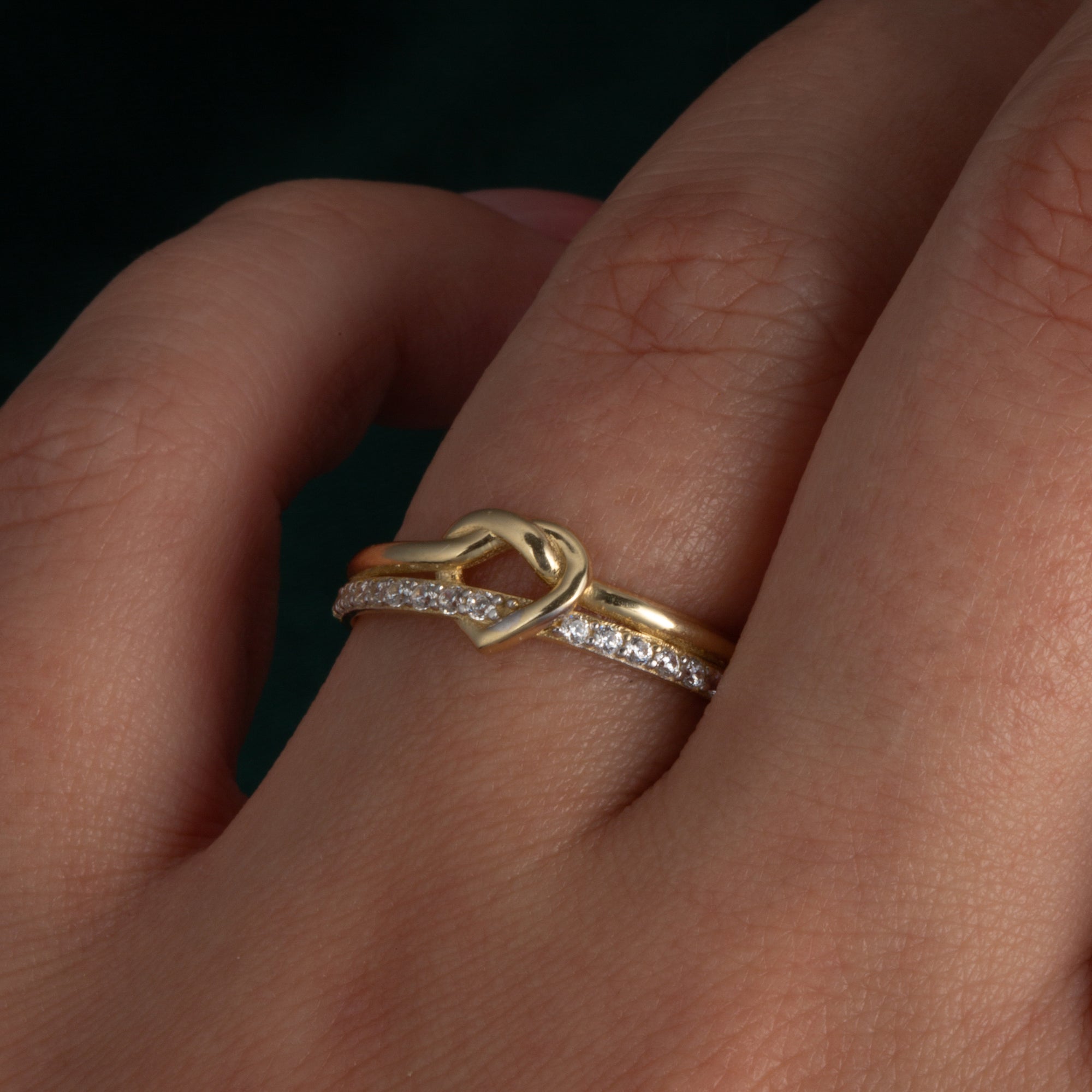 14K Yellow Gold Heart Knot Cubic Zirconia Band Ring, view 2