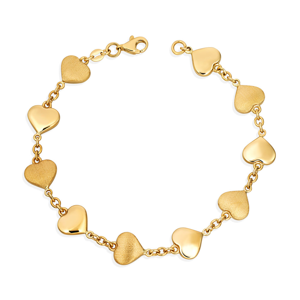 Solid 14K yellow gold bracelet with alternating polished and textured heart links