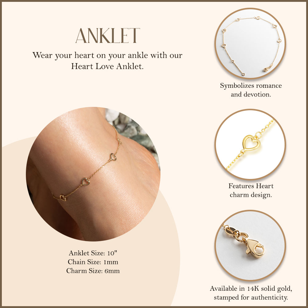14K Yellow Gold Heart Love Anklet, view 3