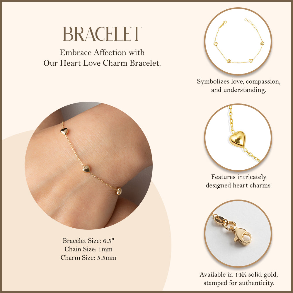 14K Yellow Gold Heart Love Charm Bracelet, view 3
