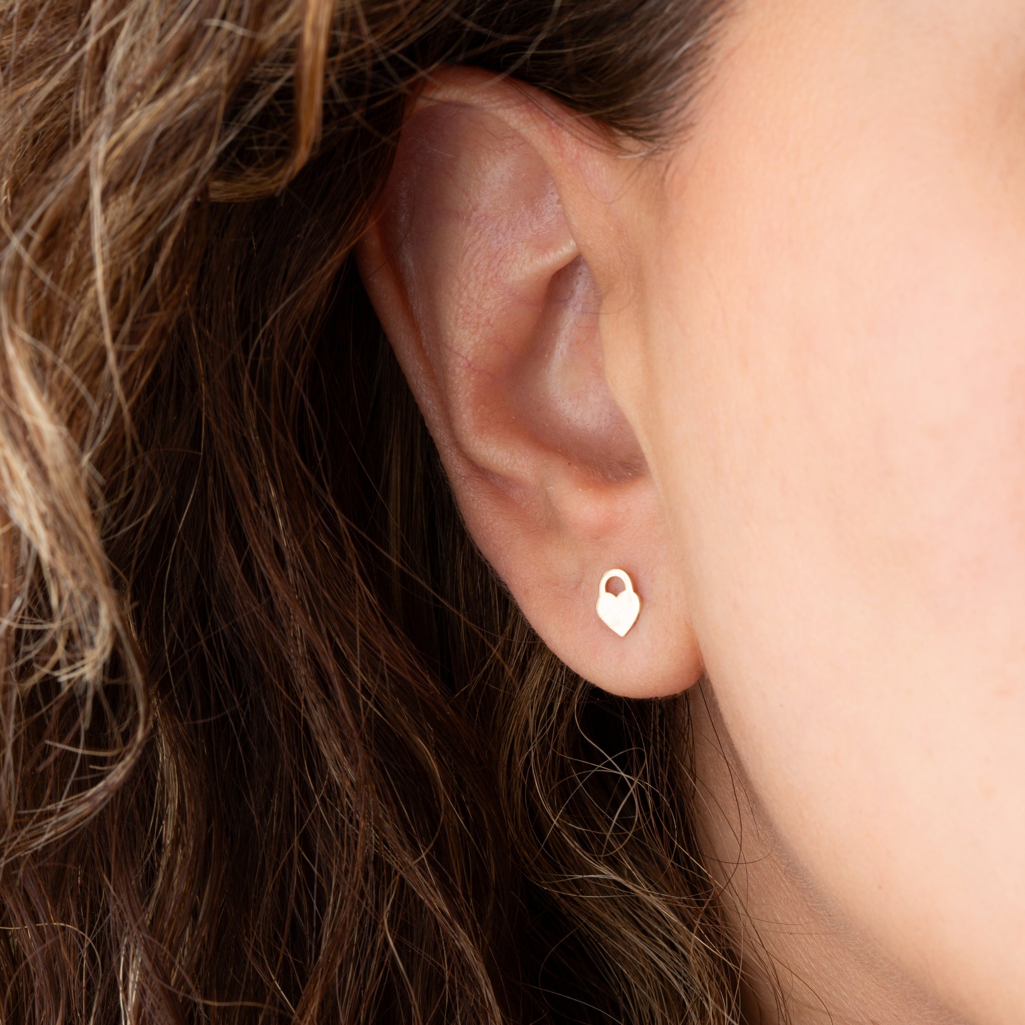 14K Yellow Gold Heart Padlock Stud Earrings, view 2