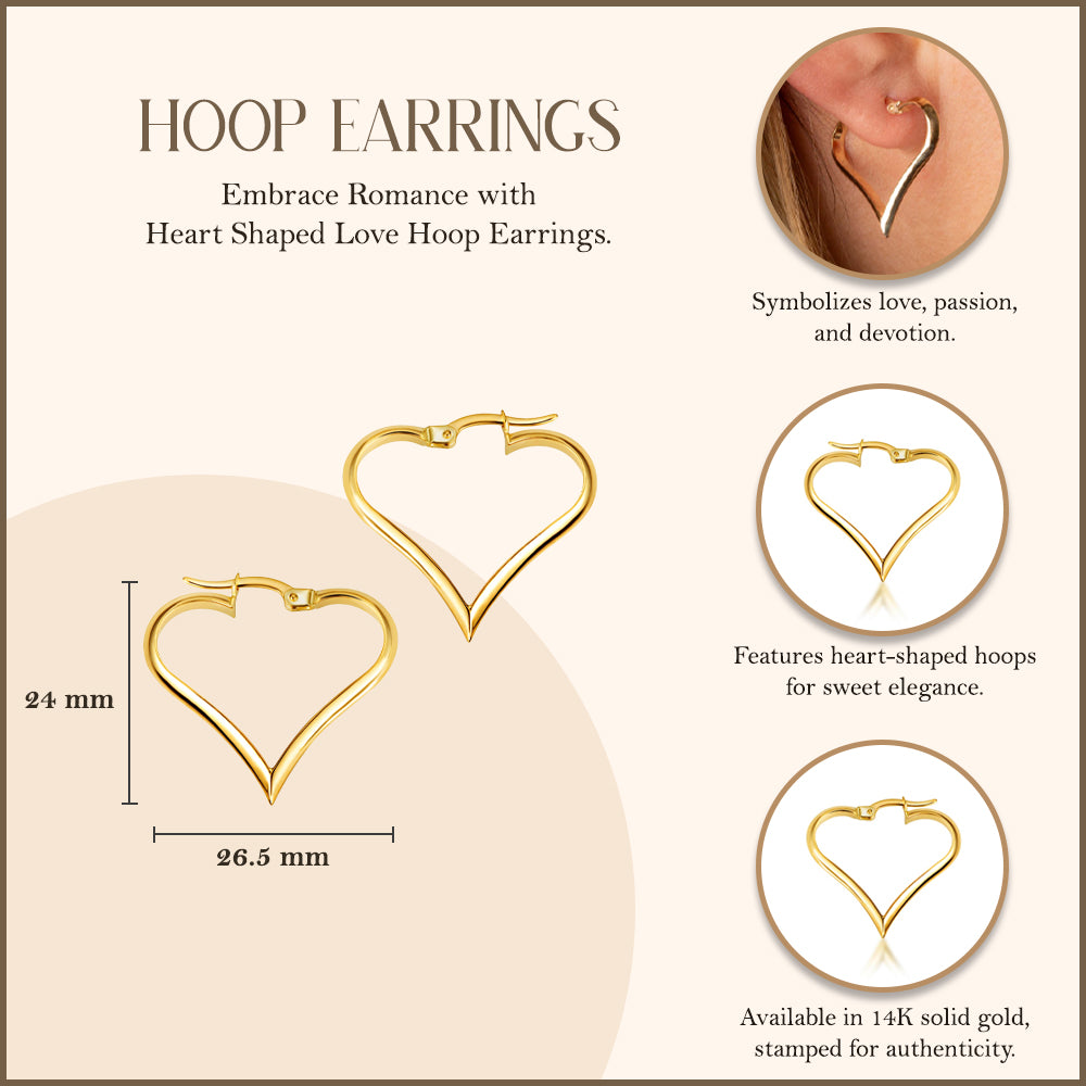 14K Yellow Gold Heart Shaped Love Hoop Earrings, view 3