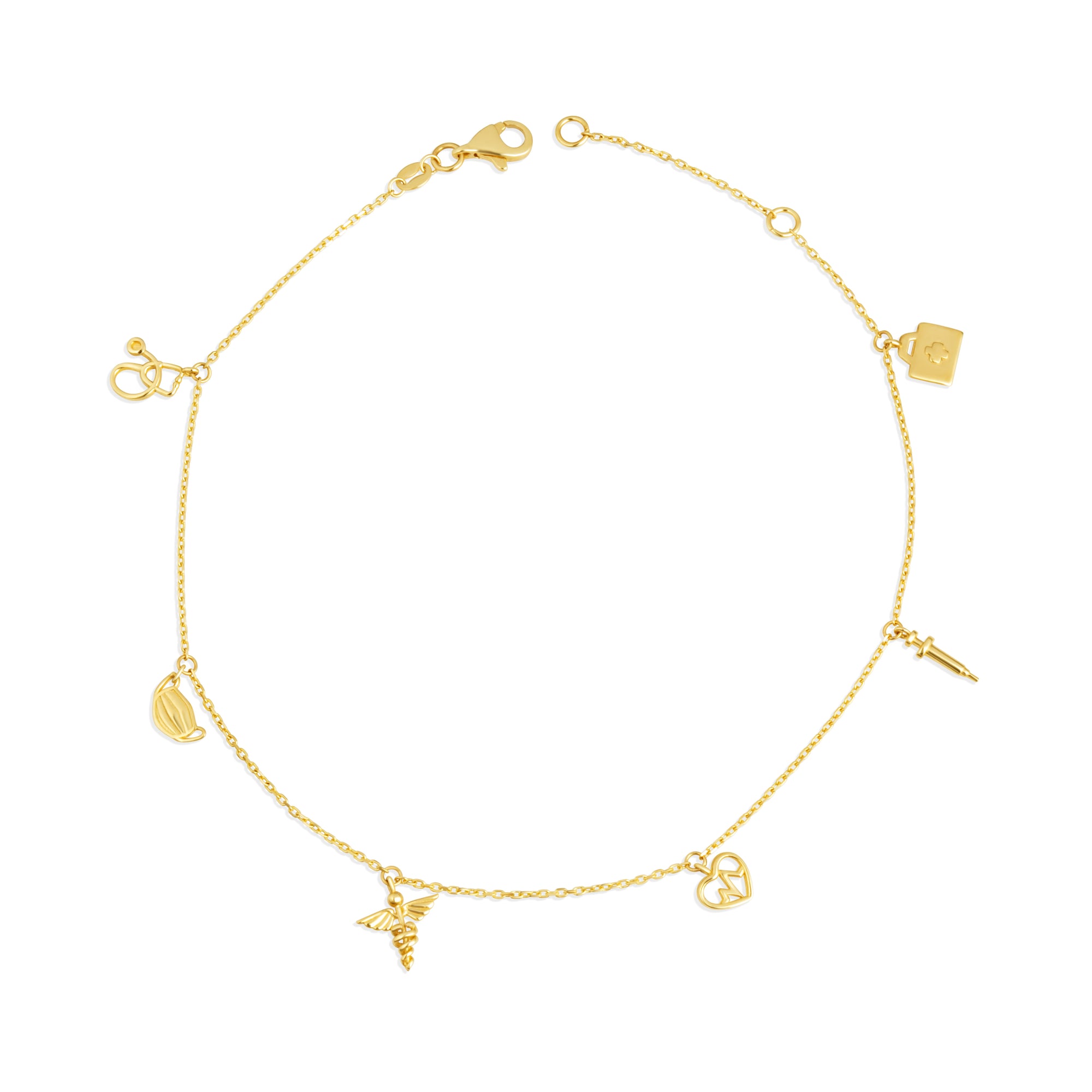 14K Yellow Gold Heartbeat Caduceus Medical Tools Charm Anklet
