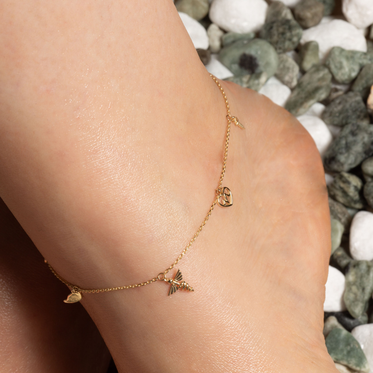 14K Yellow Gold Heartbeat Caduceus Medical Tools Charm Anklet, view 2