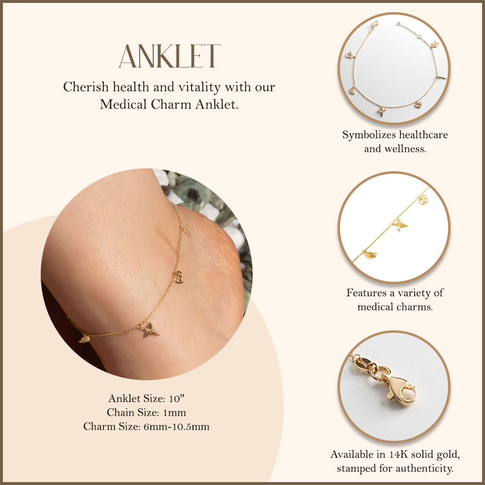 14K Yellow Gold Heartbeat Caduceus Medical Tools Charm Anklet, view 3