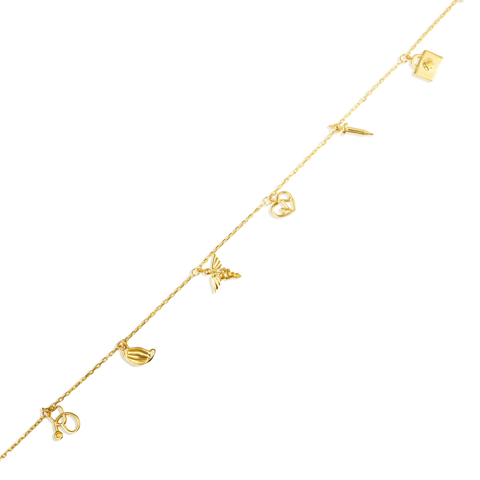 14K Yellow Gold Heartbeat Caduceus Medical Tools Charm Anklet, view 4
