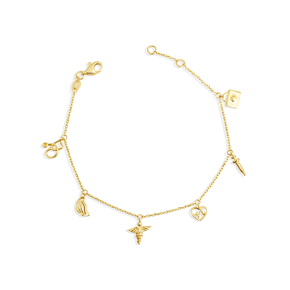 14K Yellow Gold Heartbeat Caduceus Medical Tools Charm Bracelet 7"