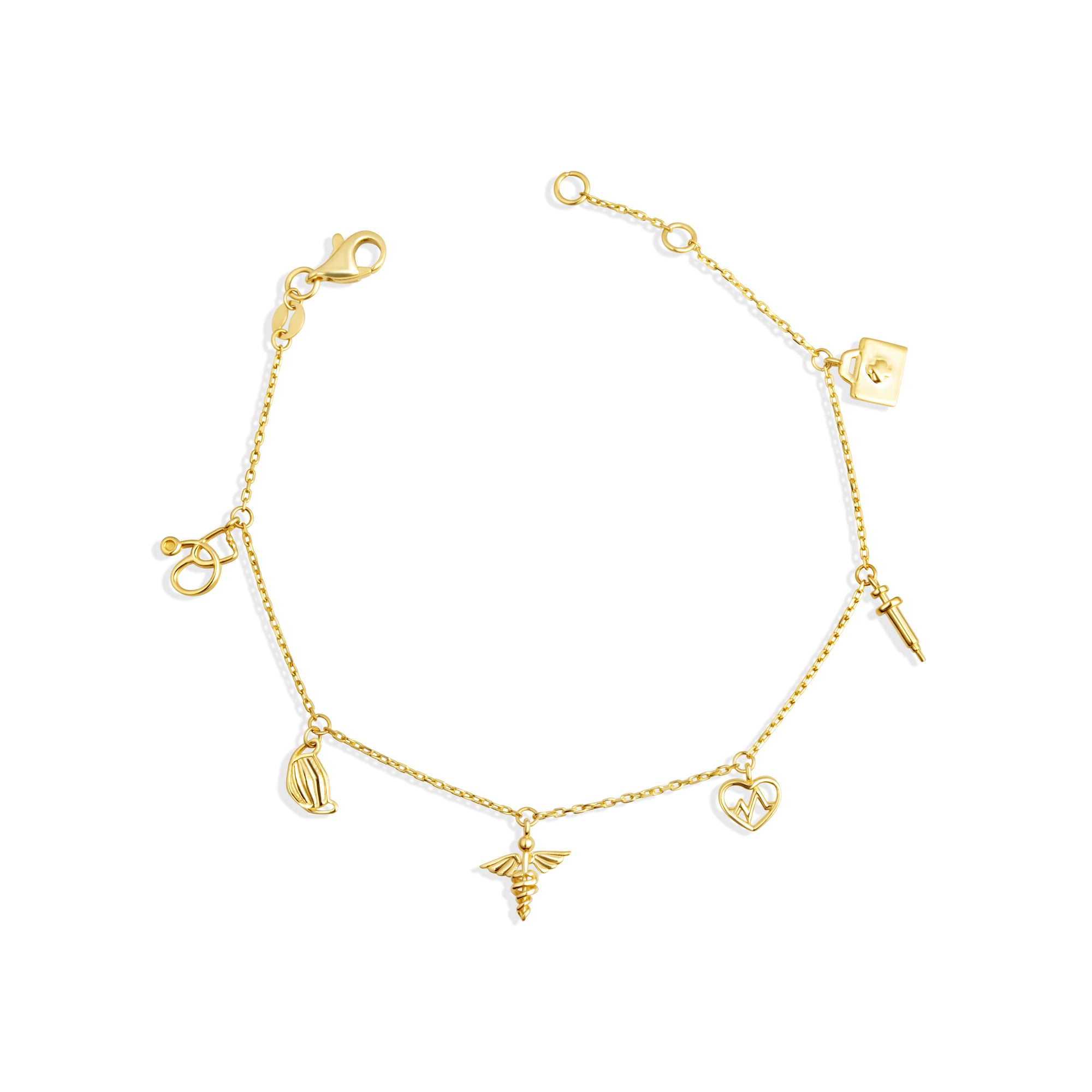 14K Yellow Gold Heartbeat Caduceus Medical Tools Charm Bracelet 7"