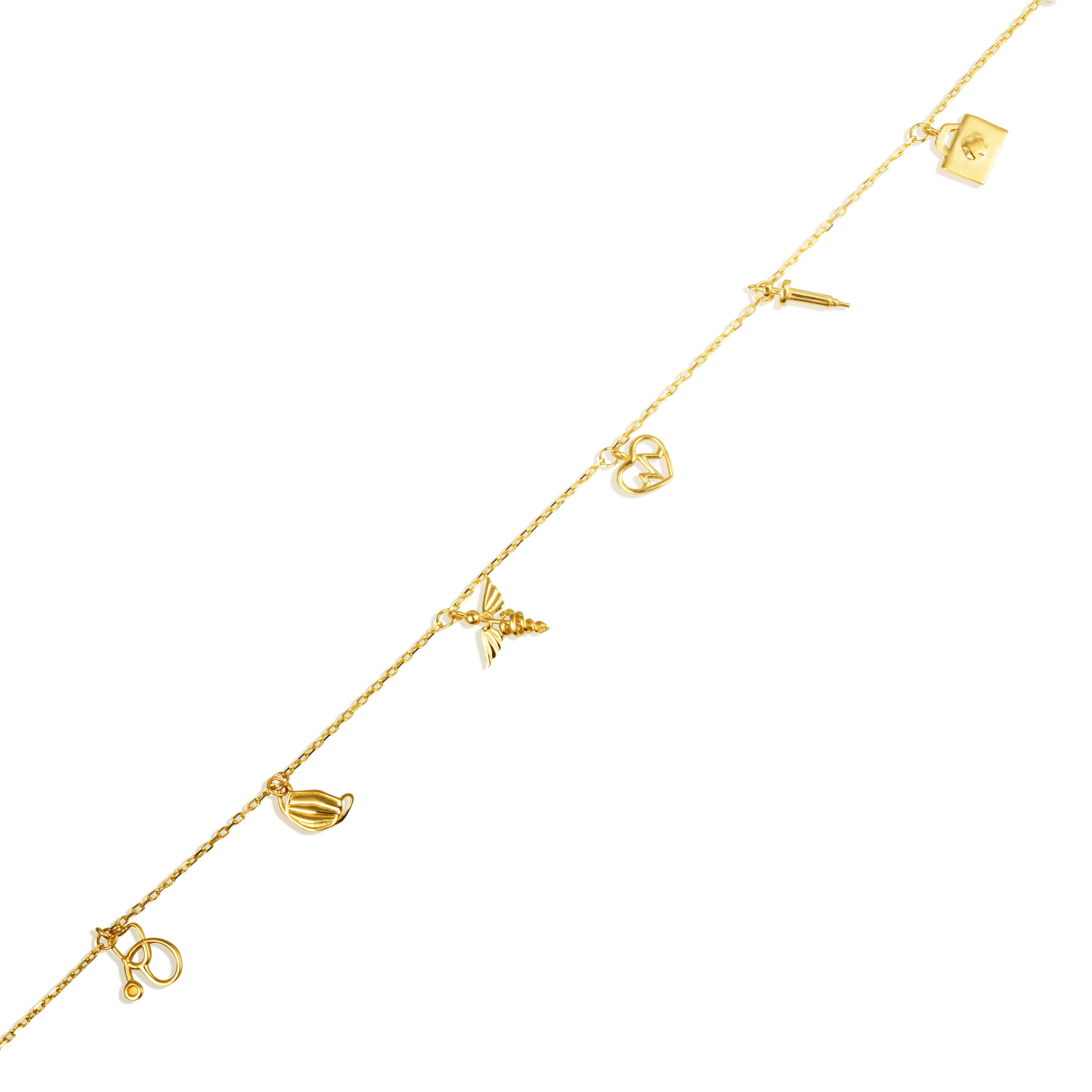 14K Yellow Gold Heartbeat Caduceus Medical Tools Charm Bracelet 7", view 3