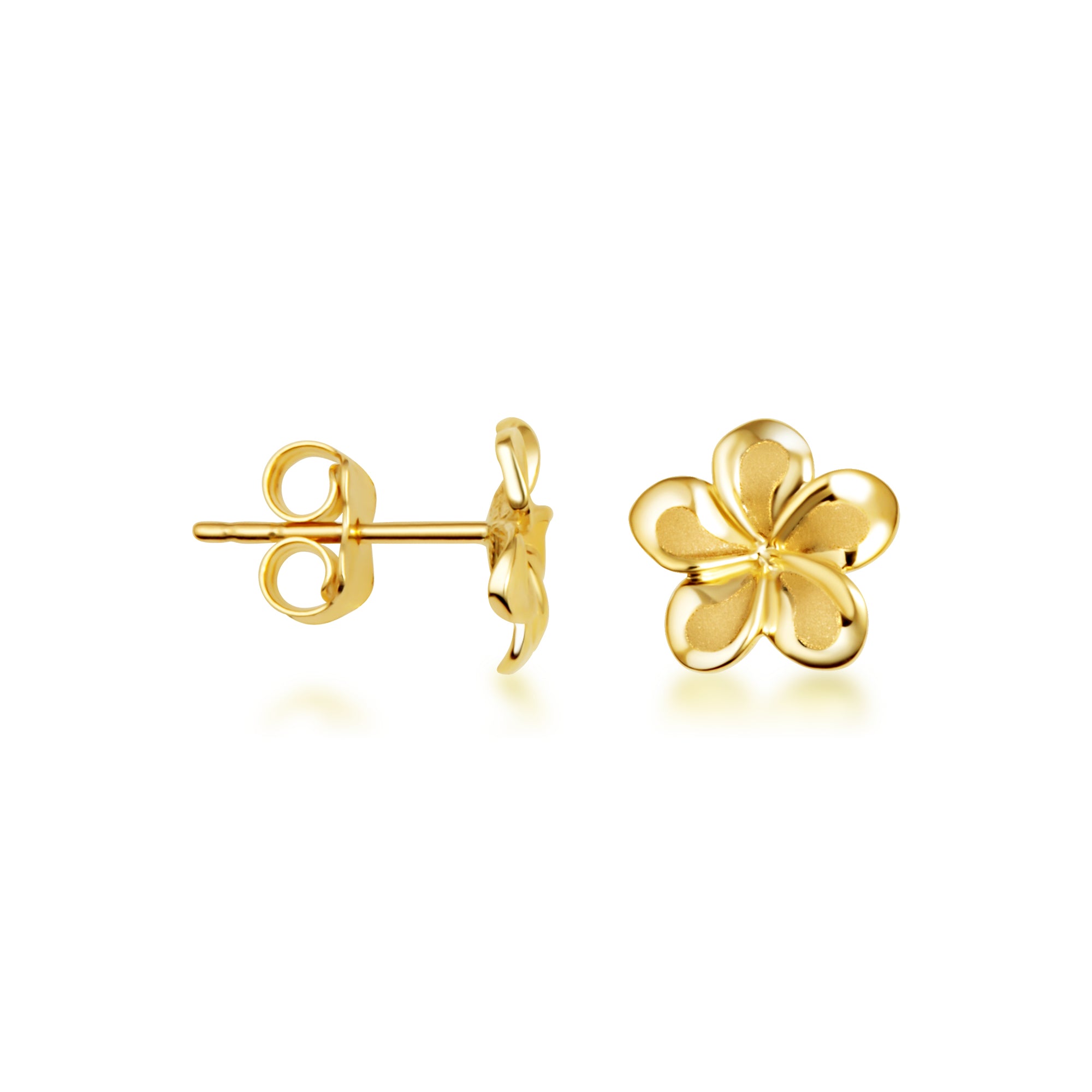 14K Yellow Gold High Polish Hawaiian Plumeria Flower Satin Finish Stud Earrings