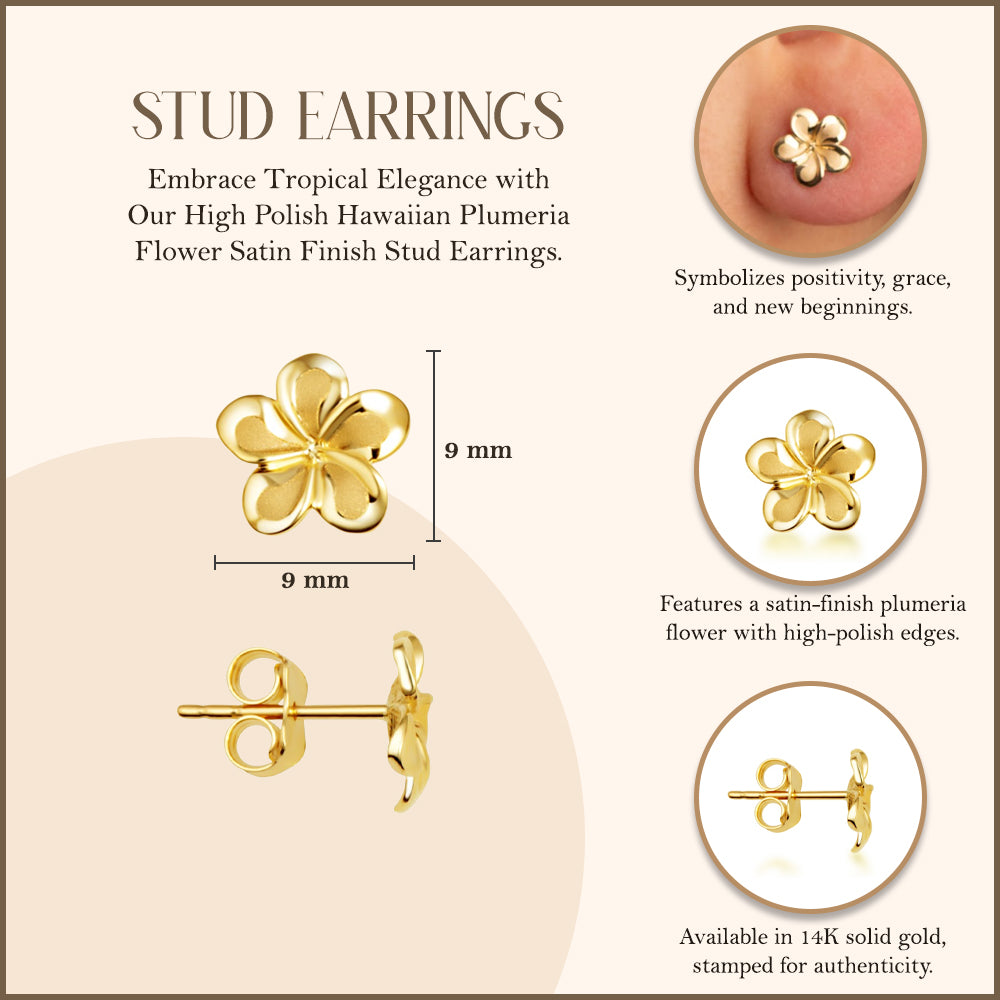 14K Yellow Gold High Polish Hawaiian Plumeria Flower Satin Finish Stud Earrings, view 3