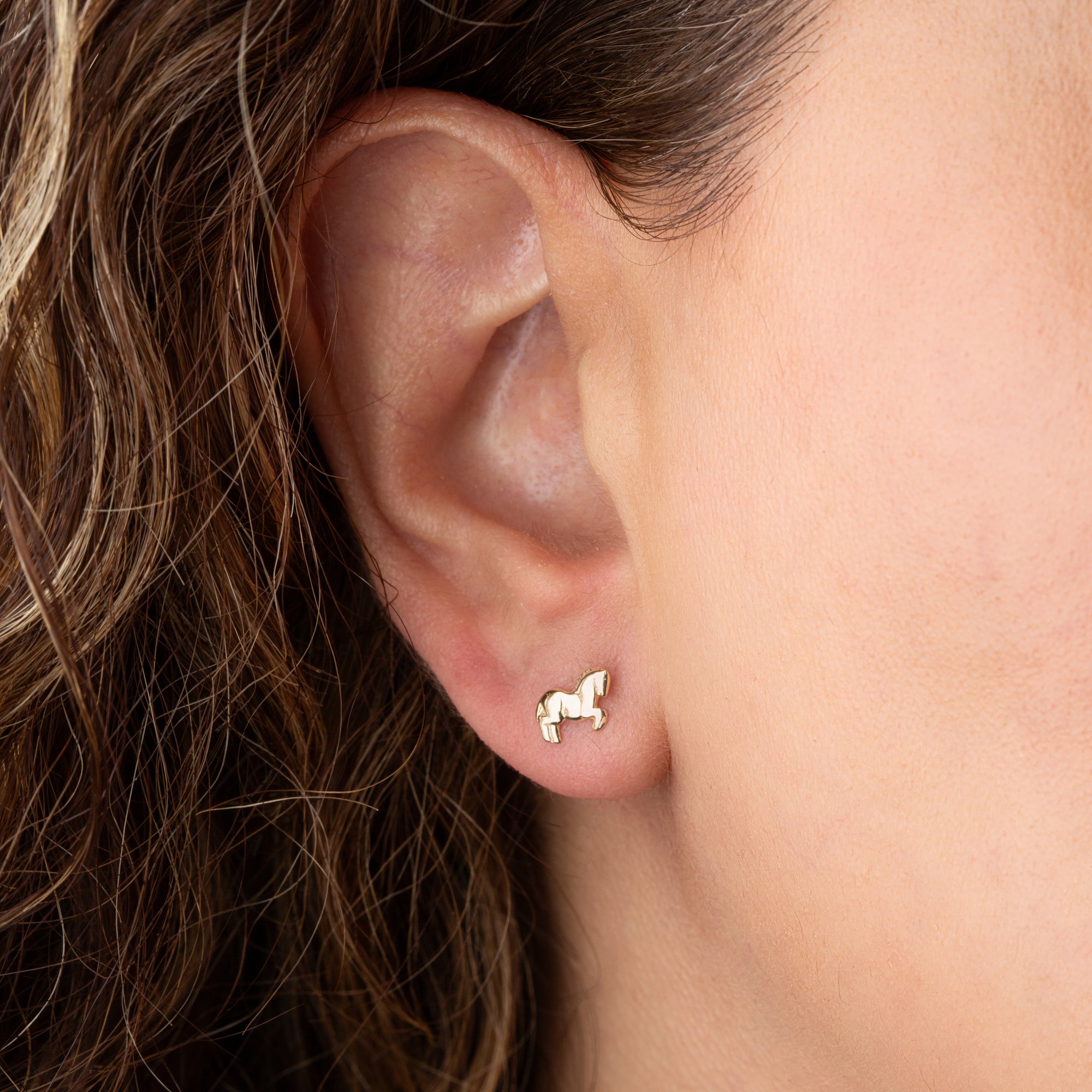 14K Yellow Gold Horse Stud Earrings, view 2