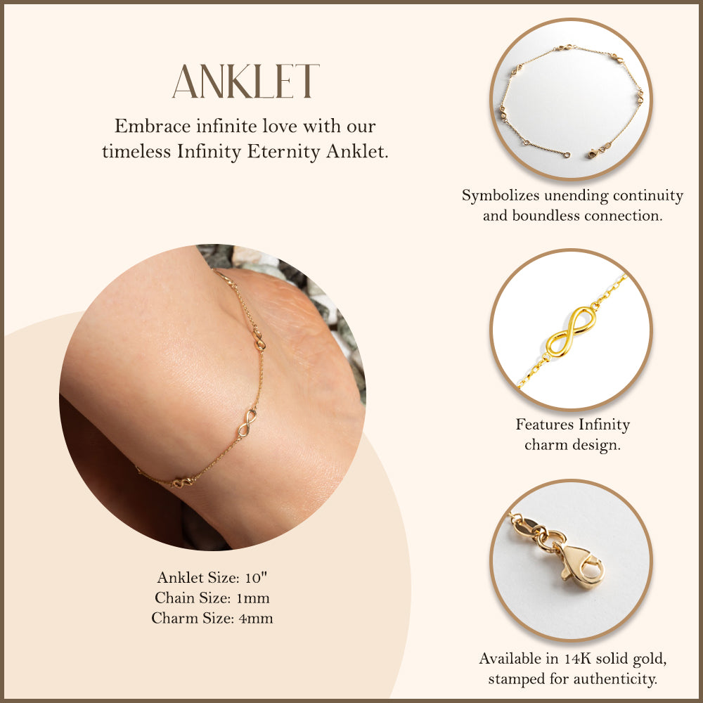 14K Yellow Gold Infinity Eternity Anklet, view 3