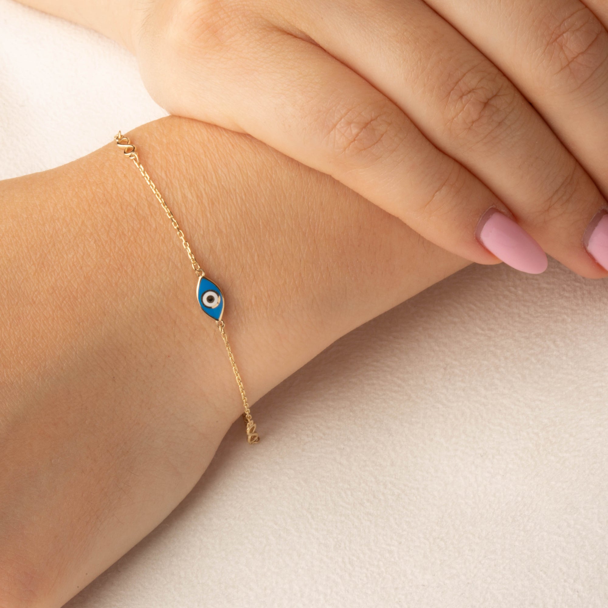 14K Yellow Gold Infinity Evil Eye Enamel Protection Bracelet, view 2