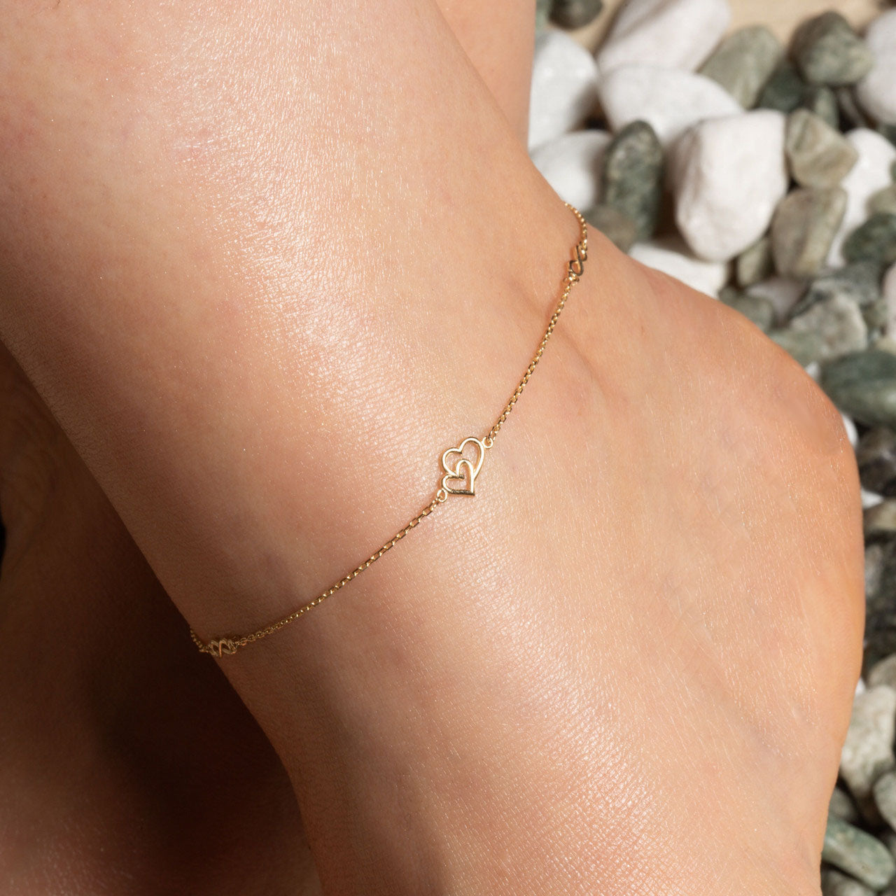 14K Yellow Gold Infinity Heart Anklet, view 2