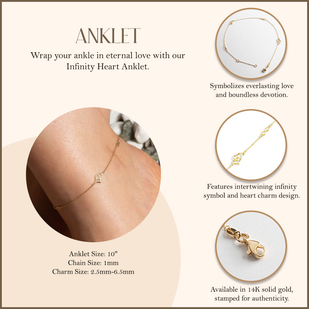 14K Yellow Gold Infinity Heart Anklet, view 4