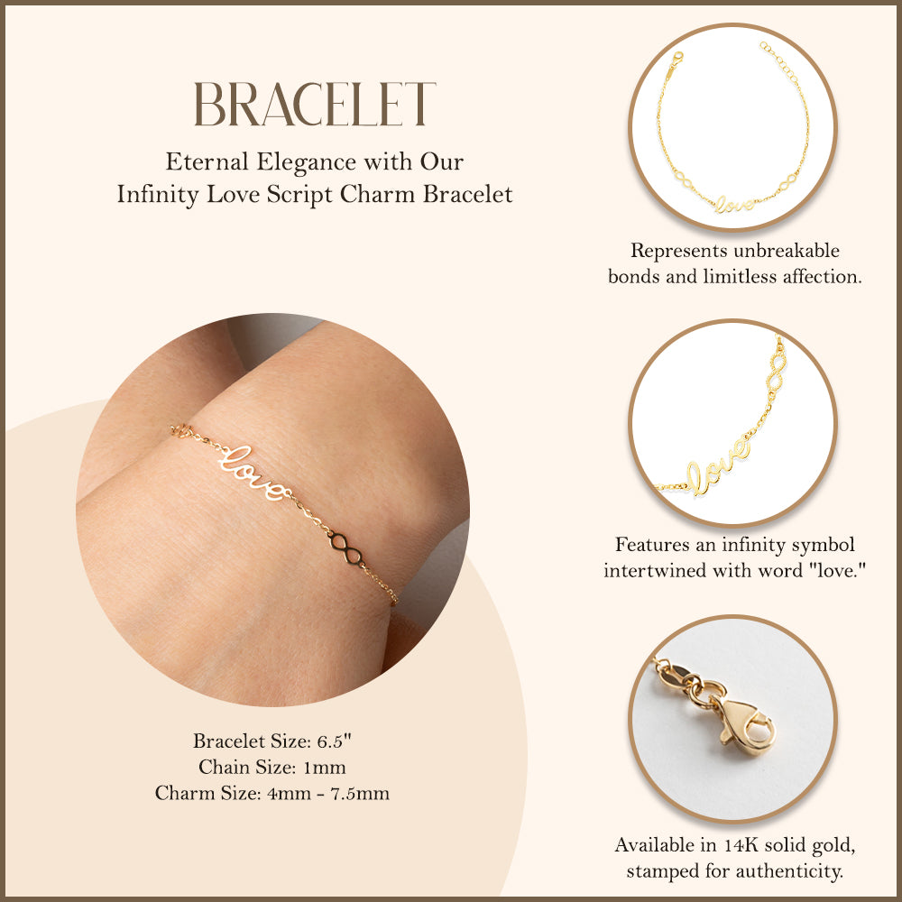 14K Yellow Gold Infinity Love Charm Bracelet, view 3