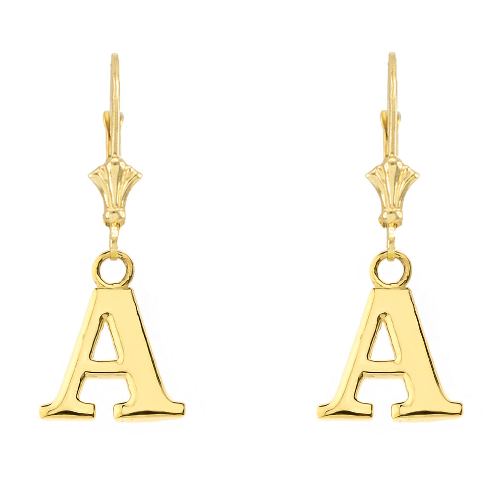Pair of solid 14K yellow gold A initial leverback earrings