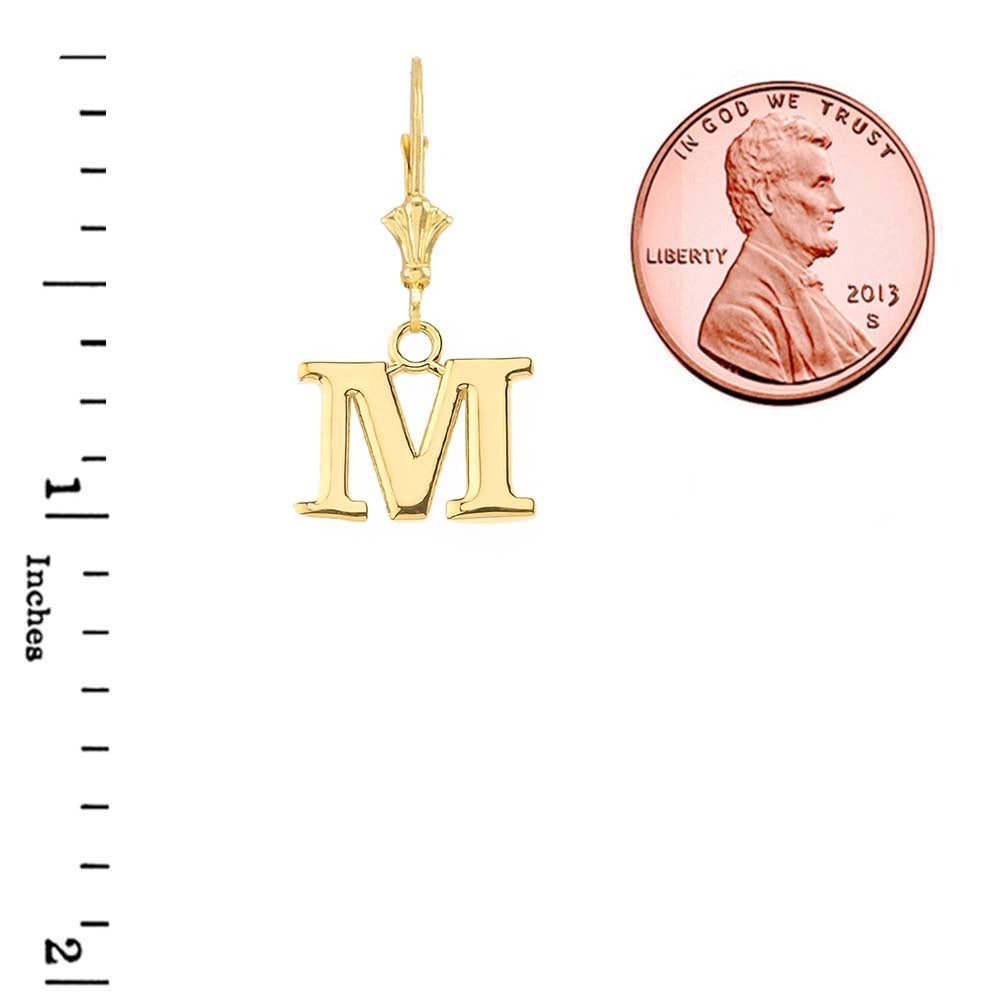 Pair of solid 14K yellow gold M initial leverback earrings