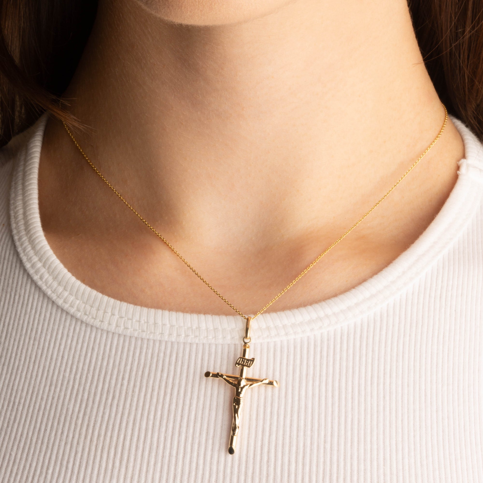 14K Yellow Gold INRI Cross Crucifix Jesus Christ Pendant Necklace, view 2