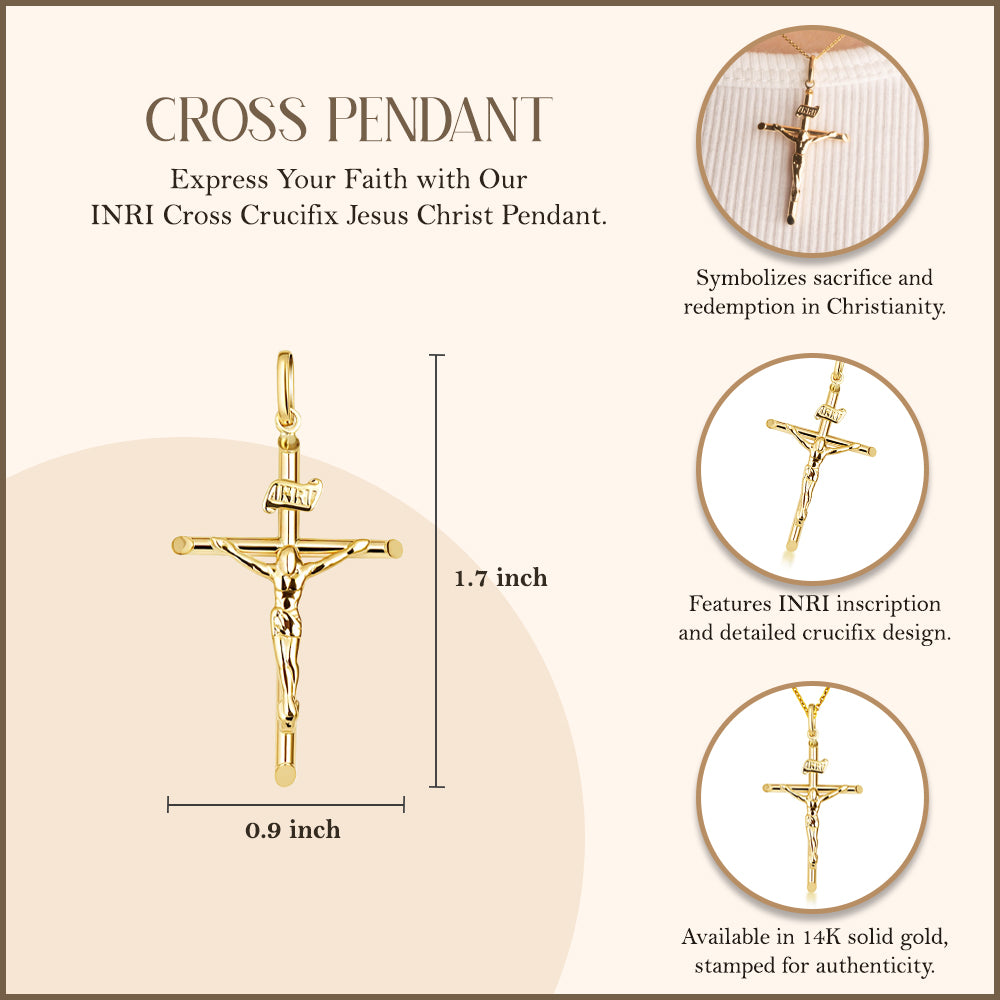 14K Yellow Gold INRI Cross Crucifix Jesus Christ Pendant Necklace, view 3
