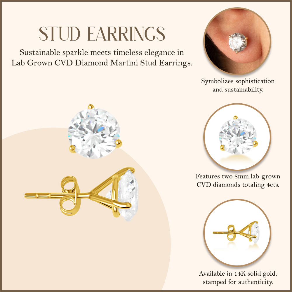 14K Yellow Gold Lab-Grown Diamond Martini Stud Earrings 4ct, view 3