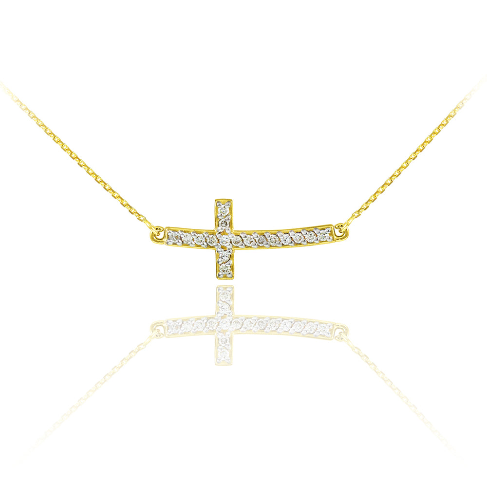 14K Yellow Gold Lab-Grown Diamond Sideways Curved Cross Pendant Necklace (Small + Large)