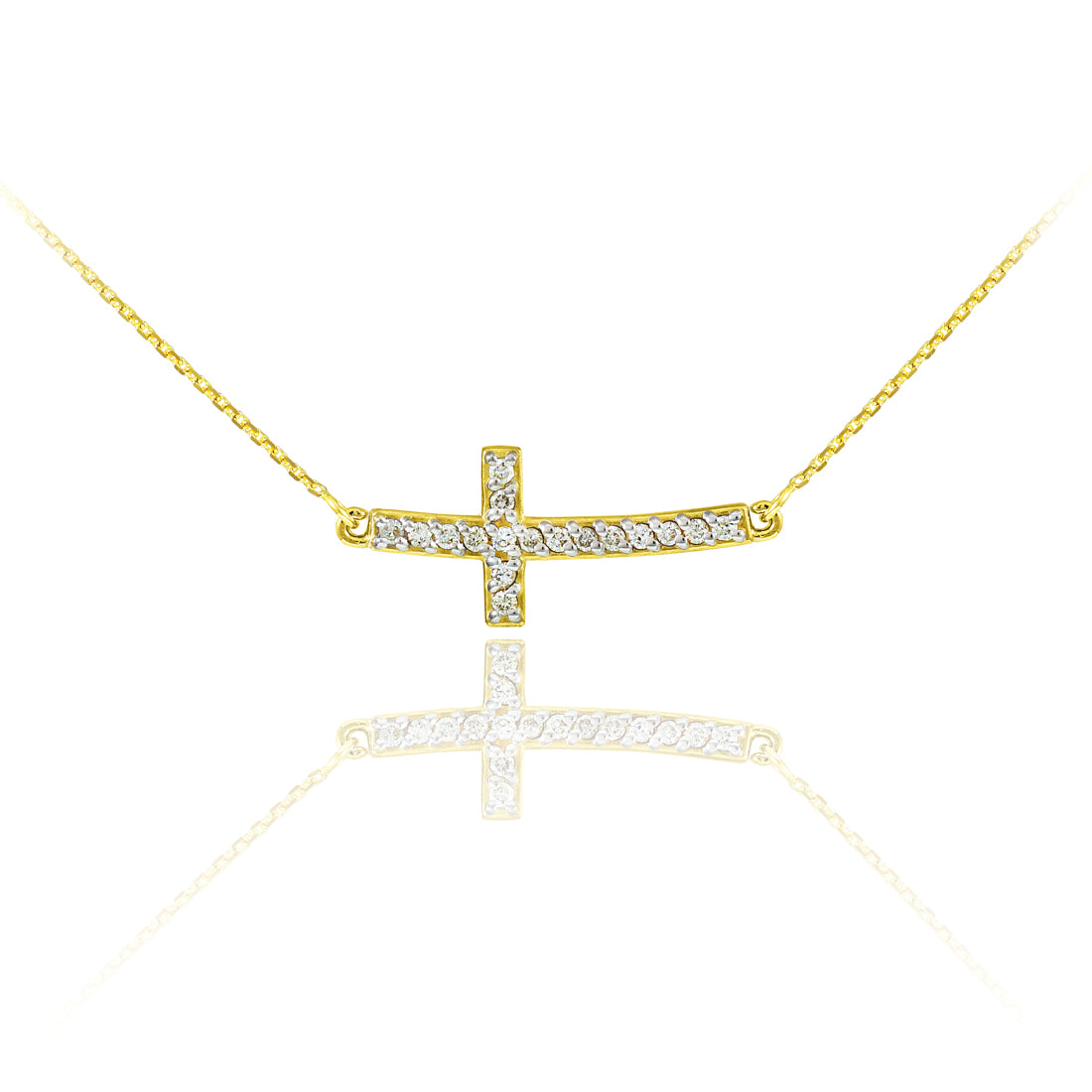 14K Yellow Gold Lab-Grown Diamond Sideways Curved Cross Pendant Necklace (Small + Large)
