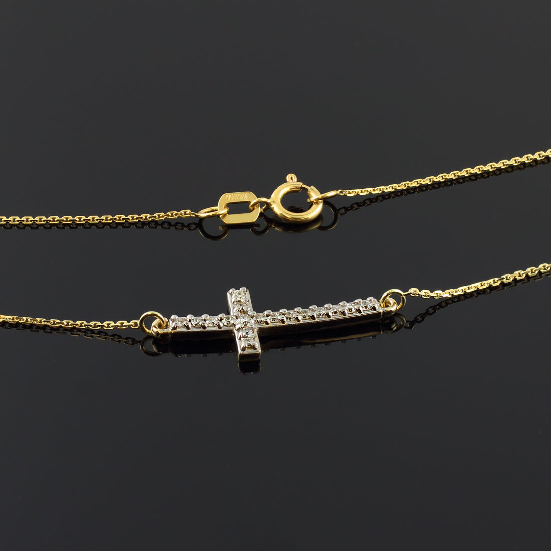 14K Yellow Gold Lab-Grown Diamond Sideways Curved Cross Pendant Necklace (Small + Large), view 2