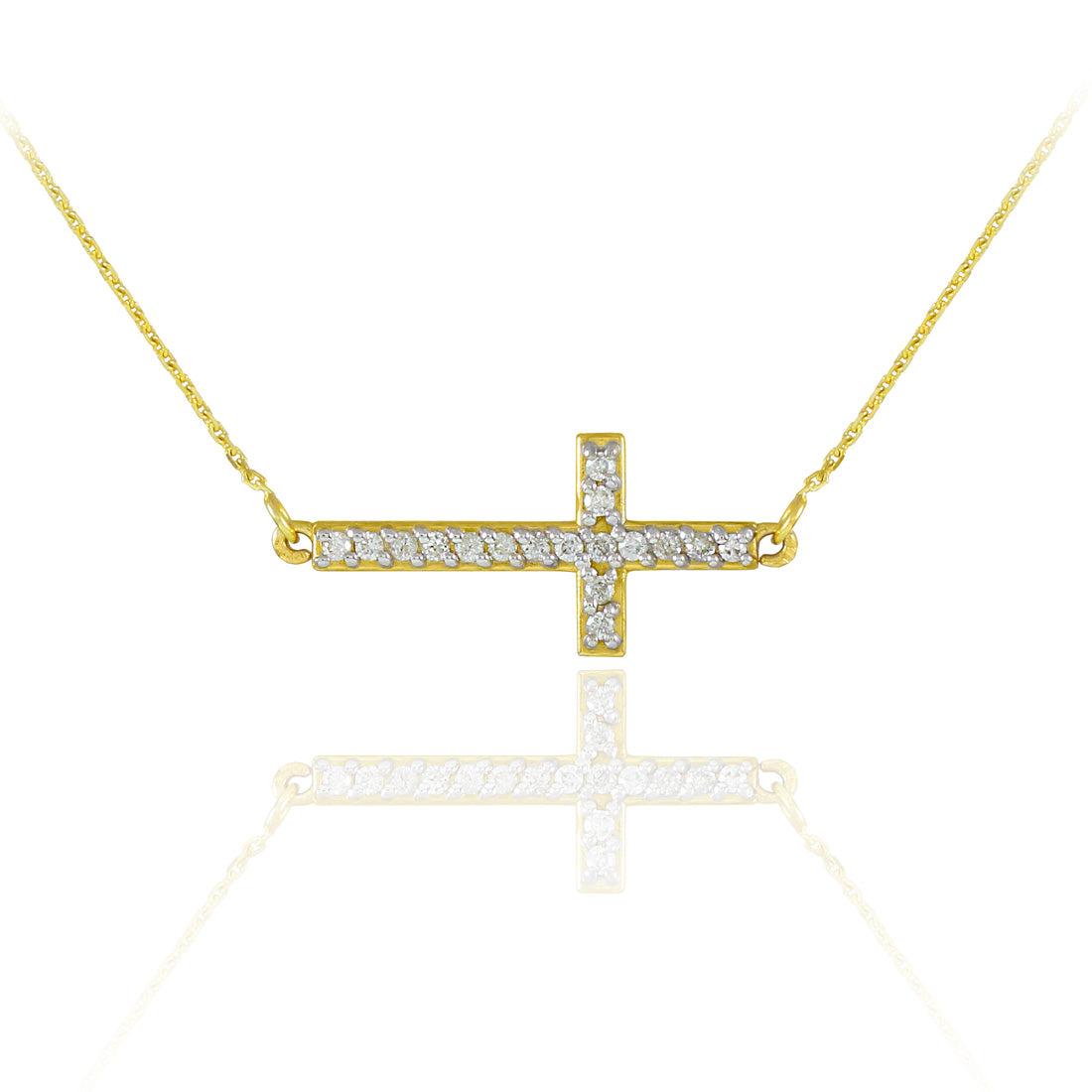 14K Yellow Gold Lab-Grown Diamond Sideways Straight Cross Pendant Necklace (Small + Large)