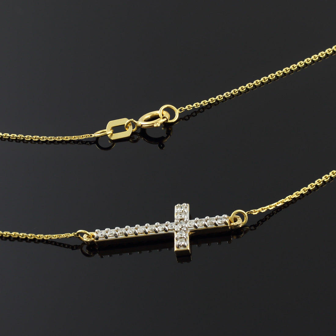 14K Yellow Gold Lab-Grown Diamond Sideways Straight Cross Pendant Necklace (Small + Large), view 2