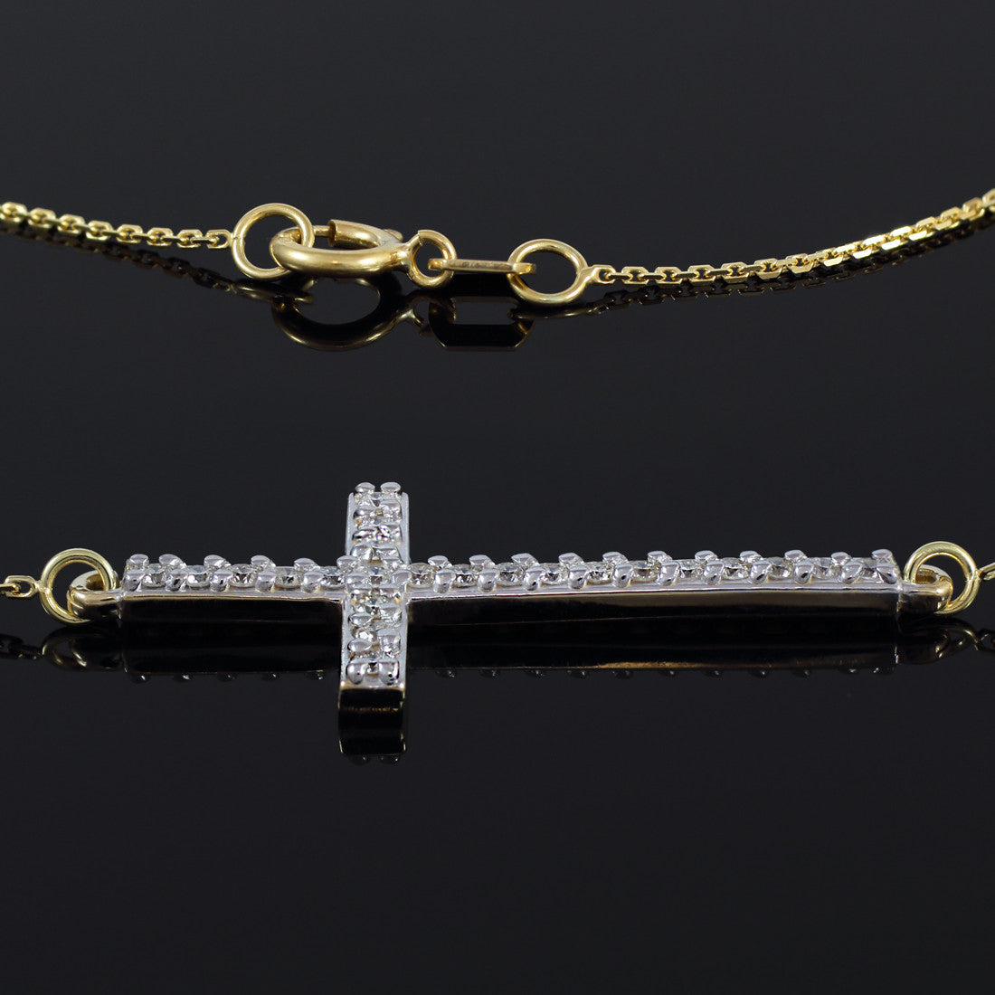 14K Yellow Gold Lab-Grown Diamond Sideways Straight Cross Pendant Necklace (Small + Large), view 3