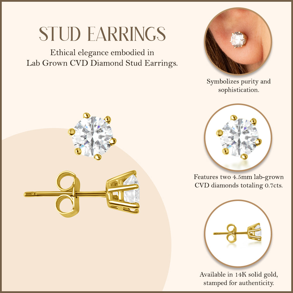 14K Yellow Gold Lab-Grown Diamond Stud Earrings 0.7ct, view 3