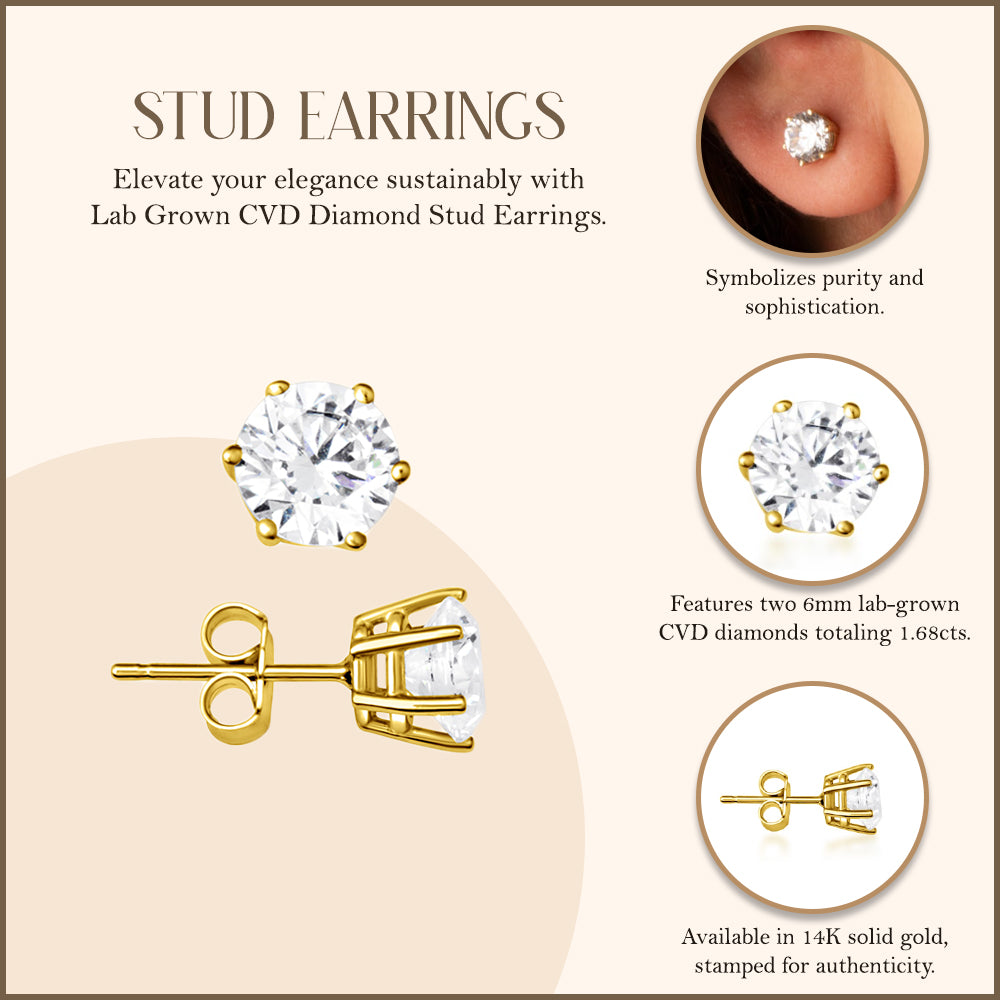 14K Yellow Gold Lab-Grown Diamond Stud Earrings 1.68ct, view 3