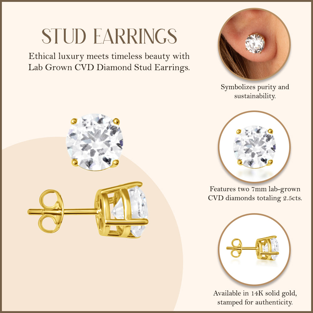 14K Yellow Gold Lab-Grown Diamond Stud Earrings 2.5ct, view 3