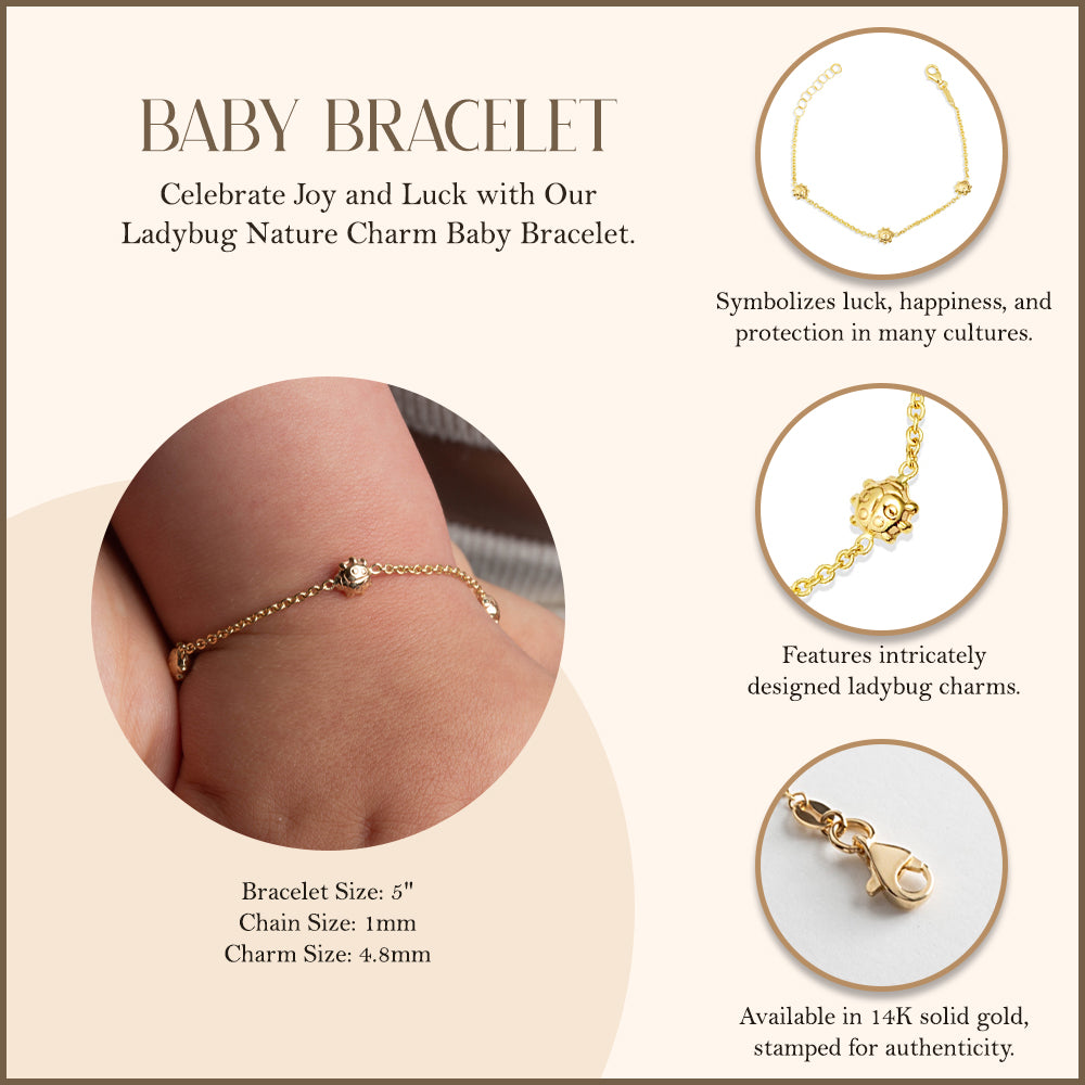 14K Yellow Gold Ladybug Nature Charm Baby Bracelet, view 3