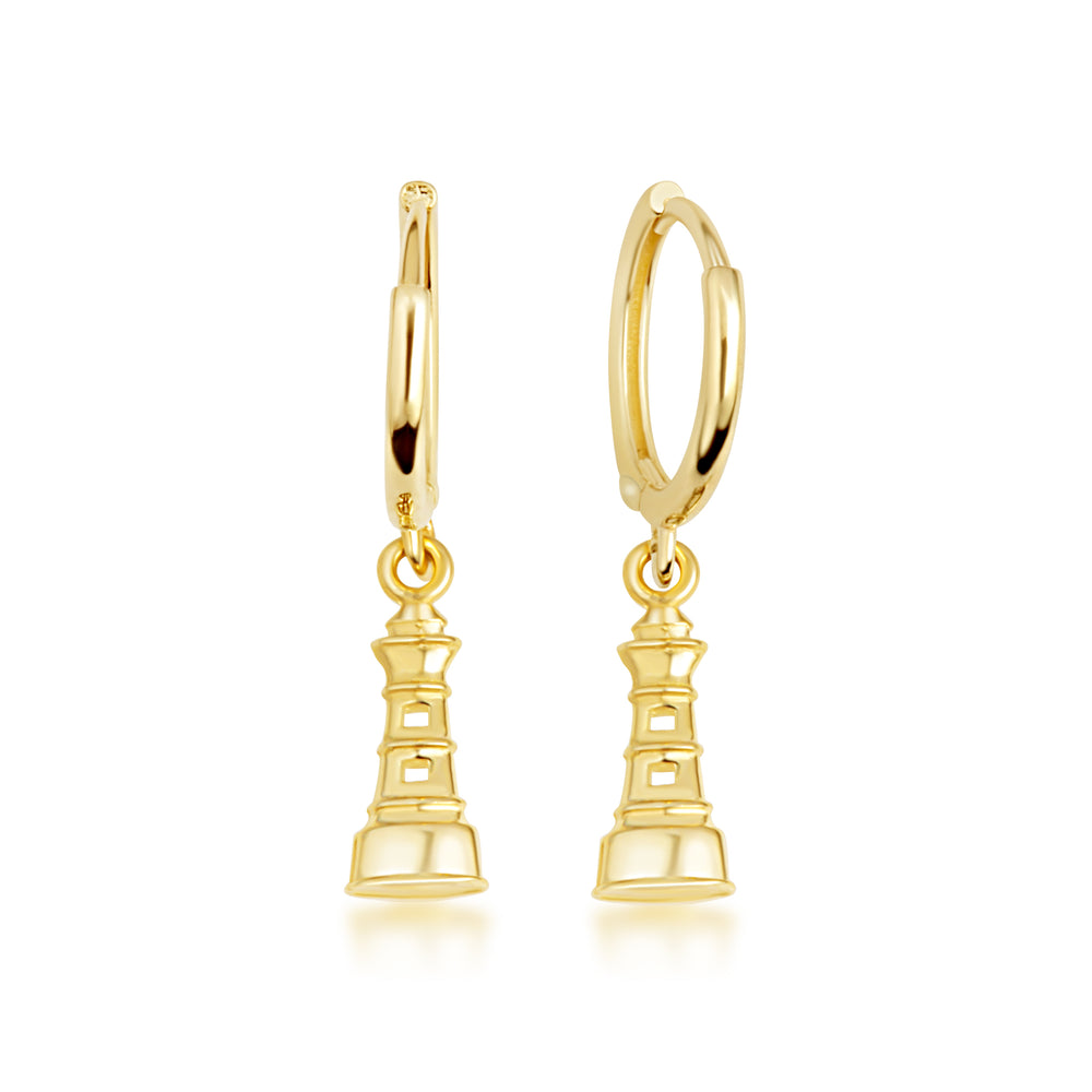 14K Yellow Gold Lighthouse Drop Huggie Hoop Earrings