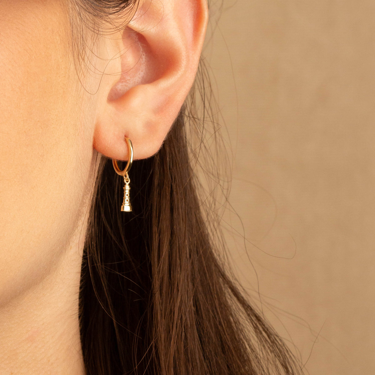 14K Yellow Gold Lighthouse Drop Huggie Hoop Earrings, view 2
