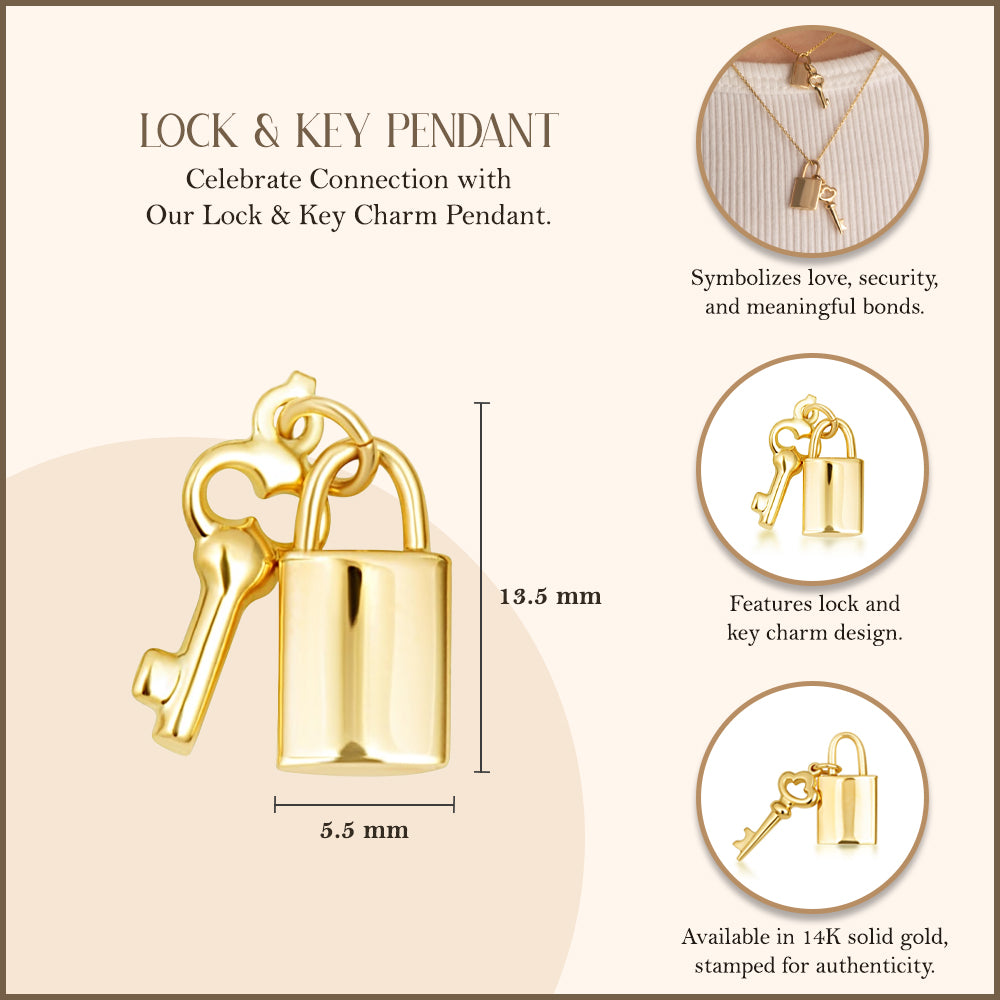 14K Yellow Gold Lock & Key Charm Pendant Necklace, view 3