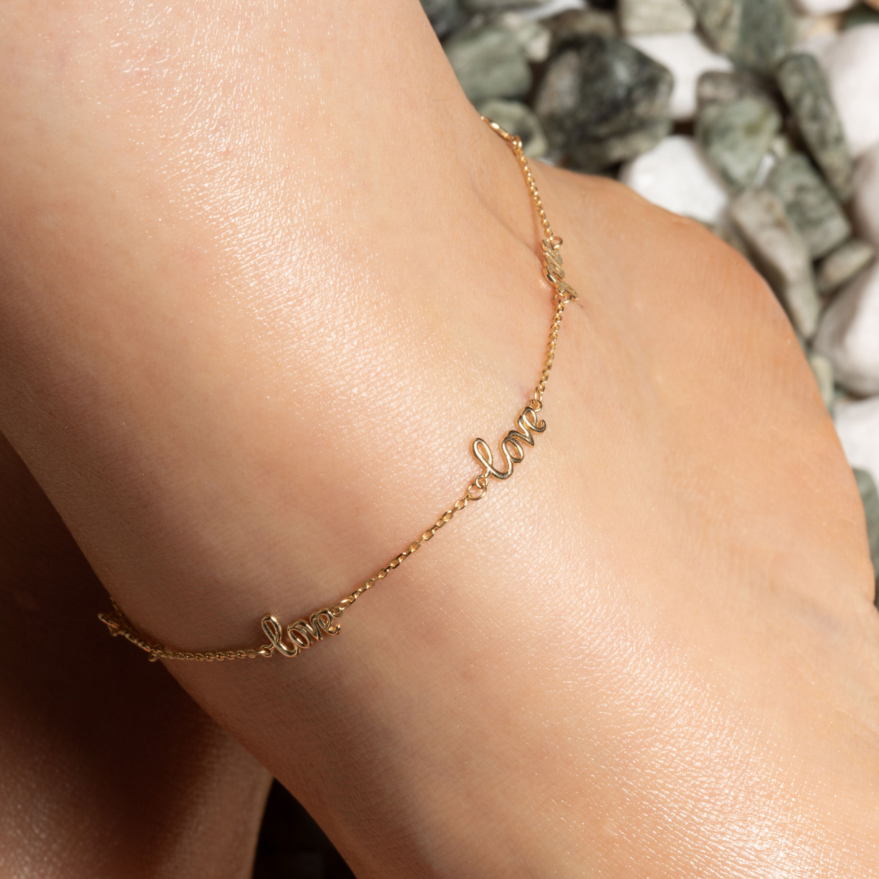 14K Yellow Gold Love Chain Link Anklet, view 2