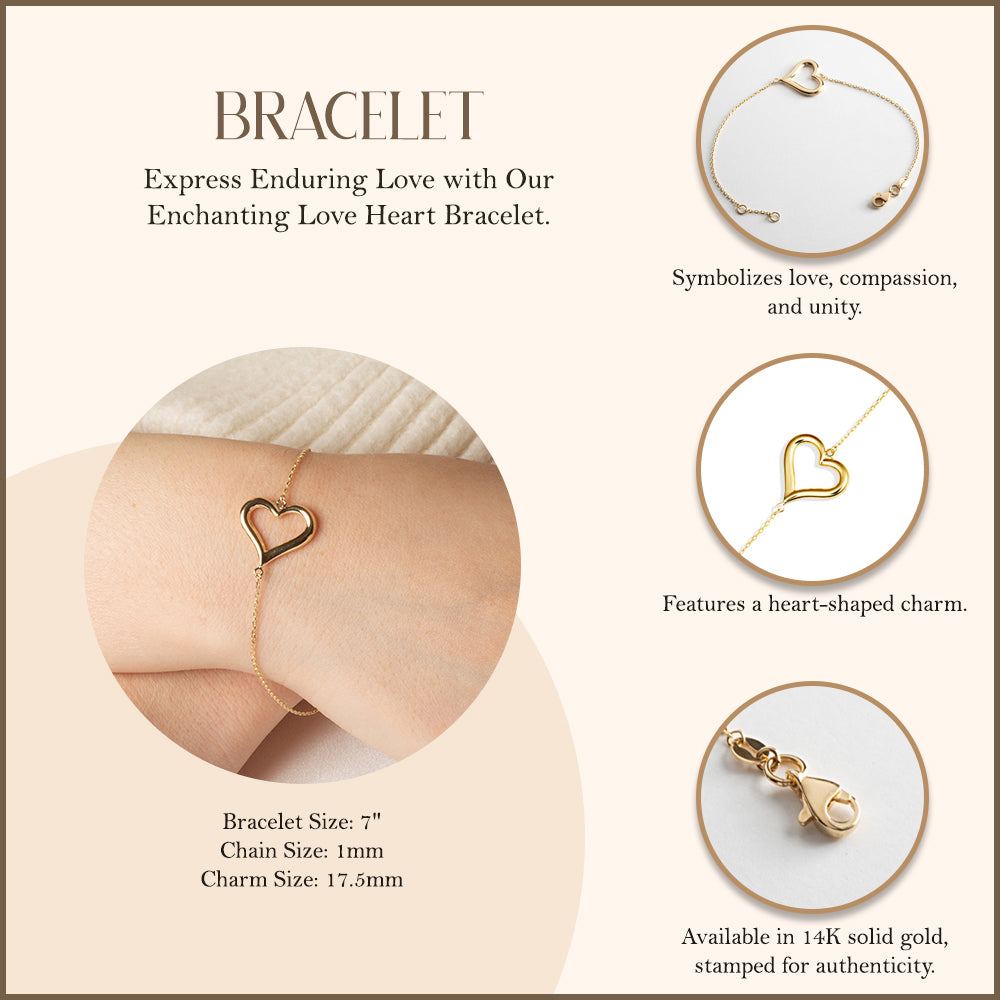 14K Yellow Gold Love Heart Bracelet 7", view 3
