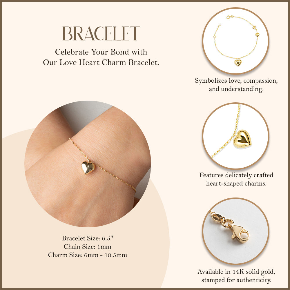 14K Yellow Gold Love Heart Charm Bracelet, view 3